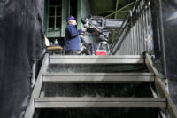 Despite the roof being closed, rain pours down near the centerfield television camera position during the eighth inning of the Milwaukee Brewers game against the Toronto Blue Jays Wednesday, April 15, 2026 at American Family Field in Milwaukee, Wisconsin.