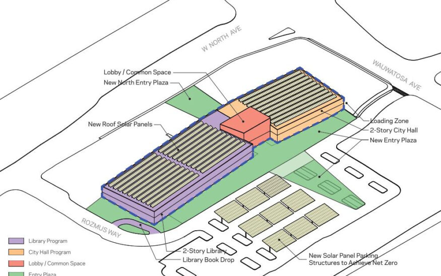 Option 4 of Wauwatosa’s four concepts for improvements at city hall and the public library would cost $107.2 million. This most-expensive concept would replace the existing building with a brand new city hall and library connected by a central lobby and co